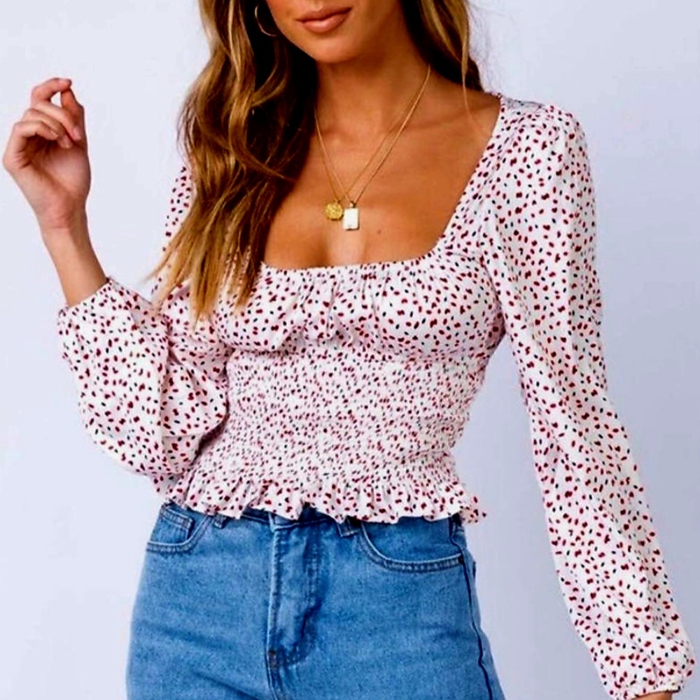 Princess Polly White Red Black Polka Dot Long Sleeve Smocked Crop Top NWOT 6